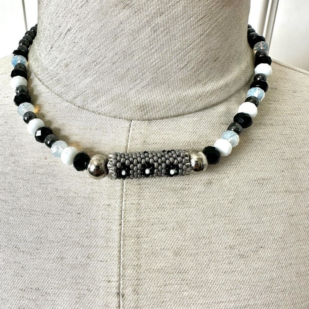 Black white hematite beaded necklace